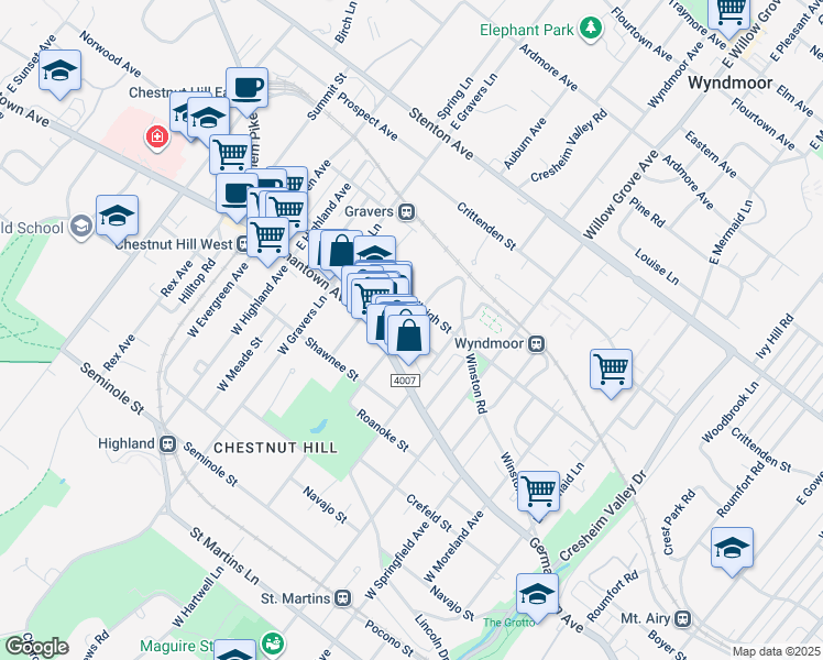 map of restaurants, bars, coffee shops, grocery stores, and more near 8139 Devon St in Philadelphia