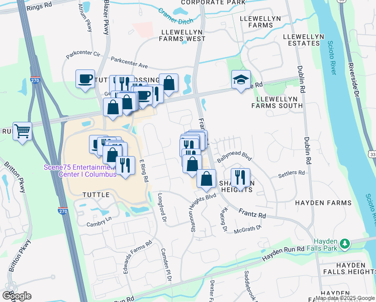 map of restaurants, bars, coffee shops, grocery stores, and more near 4054 Brelsford Lane in Columbus
