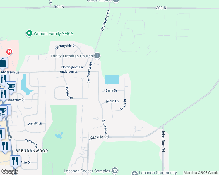 map of restaurants, bars, coffee shops, grocery stores, and more near 1020 Barry Drive in Lebanon