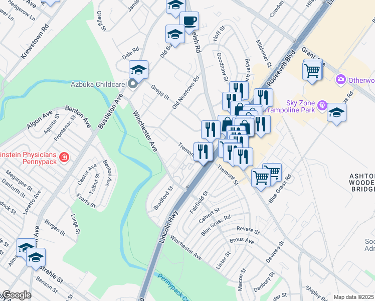 map of restaurants, bars, coffee shops, grocery stores, and more near 2276 Tremont Street in Philadelphia