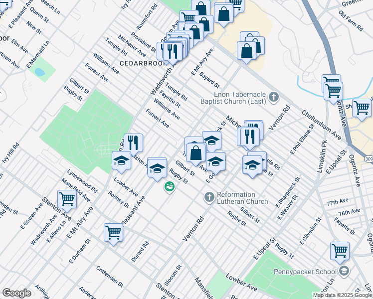map of restaurants, bars, coffee shops, grocery stores, and more near 8121 Thouron Avenue in Philadelphia