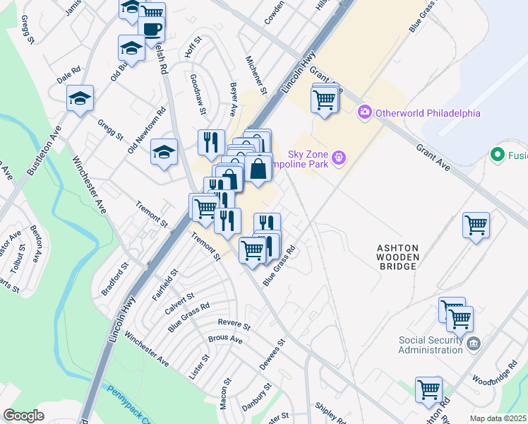 map of restaurants, bars, coffee shops, grocery stores, and more near 9229 Roosevelt Boulevard in Philadelphia