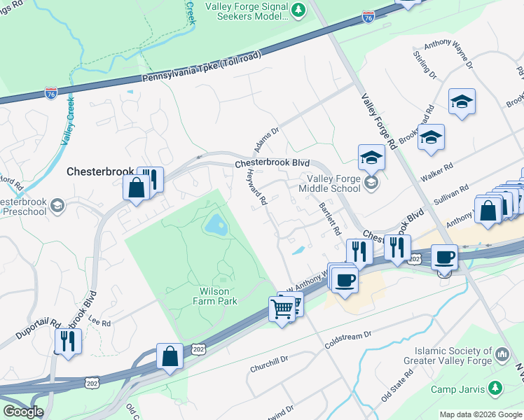 map of restaurants, bars, coffee shops, grocery stores, and more near 4 Stirling Court in Chesterbrook