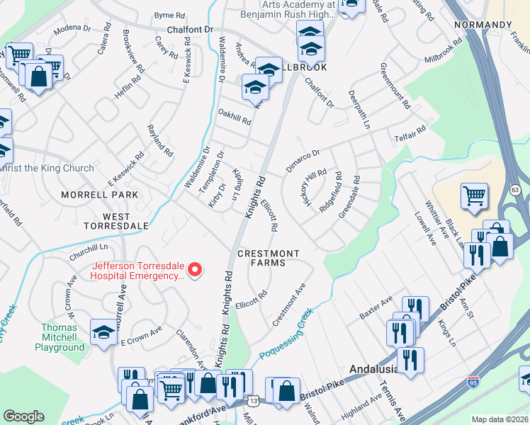map of restaurants, bars, coffee shops, grocery stores, and more near 10960 Ellicott Road in Philadelphia