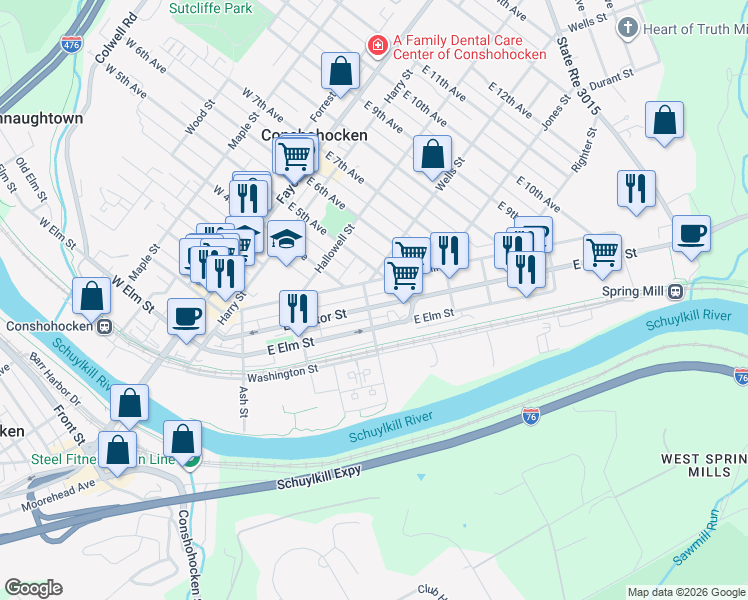 map of restaurants, bars, coffee shops, grocery stores, and more near 418 East Hector Street in Conshohocken