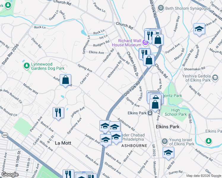 map of restaurants, bars, coffee shops, grocery stores, and more near 618 Spring Avenue in Elkins Park