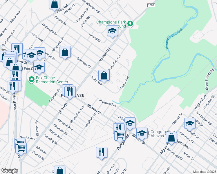 map of restaurants, bars, coffee shops, grocery stores, and more near 1107 Solly Avenue in Philadelphia