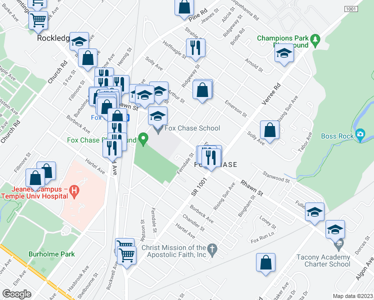 map of restaurants, bars, coffee shops, grocery stores, and more near 720 Rhawn Street in Philadelphia
