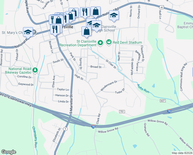 map of restaurants, bars, coffee shops, grocery stores, and more near 220 Dennis Lane in Saint Clairsville
