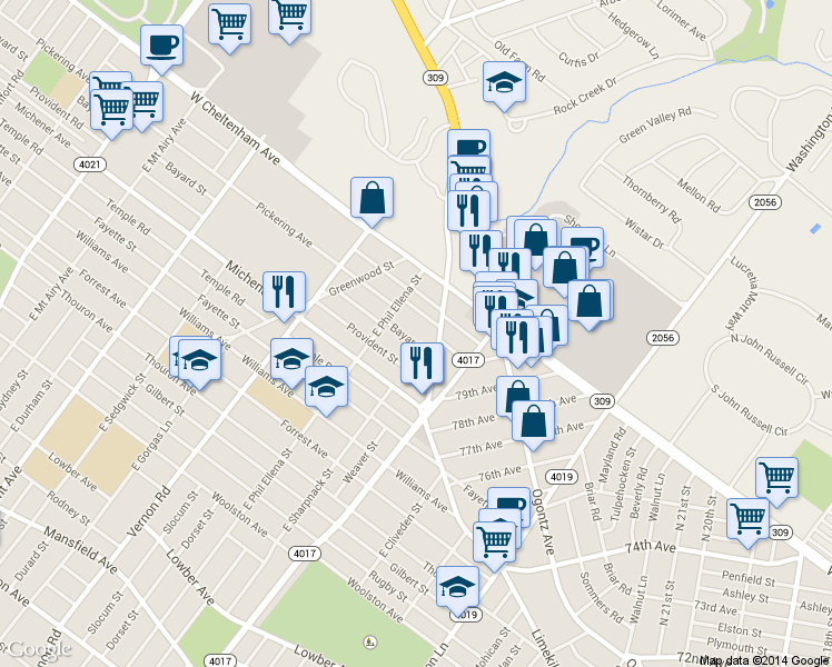 map of restaurants, bars, coffee shops, grocery stores, and more near 7819 Bayard Street in Philadelphia