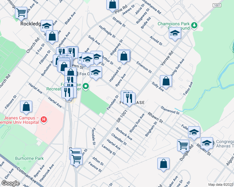 map of restaurants, bars, coffee shops, grocery stores, and more near 7964 Ferndale Street in Philadelphia