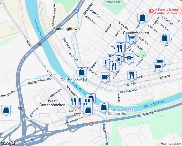 map of restaurants, bars, coffee shops, grocery stores, and more near 200 West Elm Street in Conshohocken