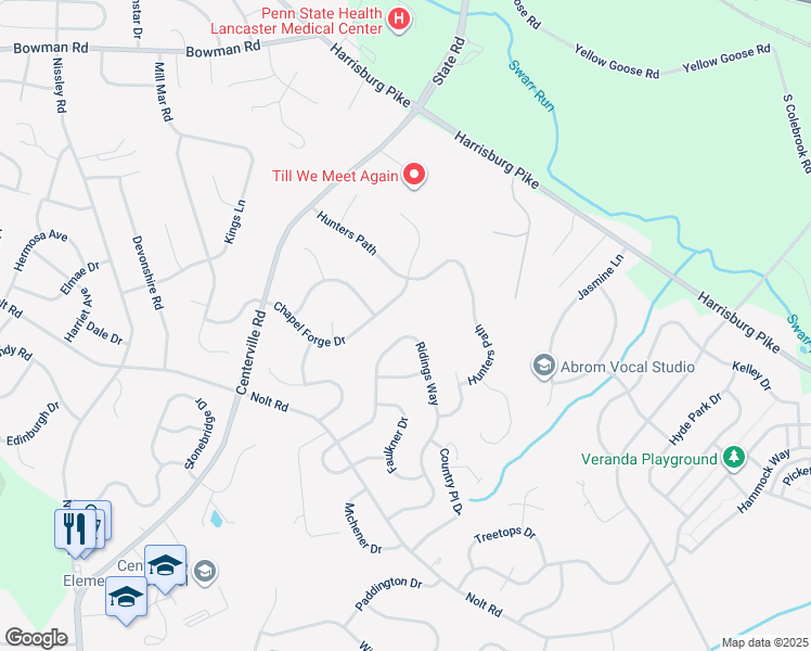 map of restaurants, bars, coffee shops, grocery stores, and more near 131 Ridings Way in Lancaster