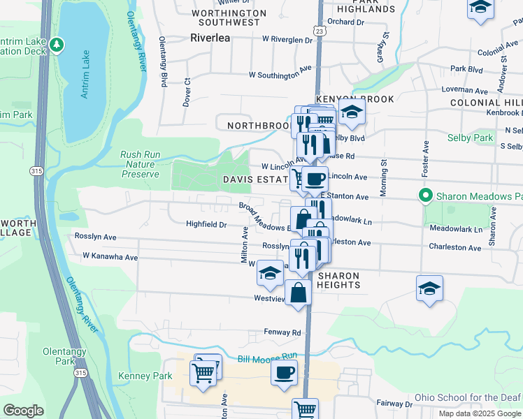 map of restaurants, bars, coffee shops, grocery stores, and more near 122 Broad Meadows Boulevard in Columbus