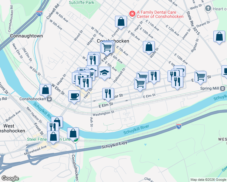 map of restaurants, bars, coffee shops, grocery stores, and more near 319 Spring Mill Avenue in Conshohocken