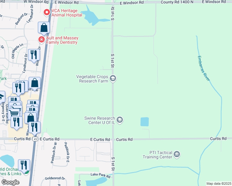 map of restaurants, bars, coffee shops, grocery stores, and more near 3108 South 1st Street in Champaign
