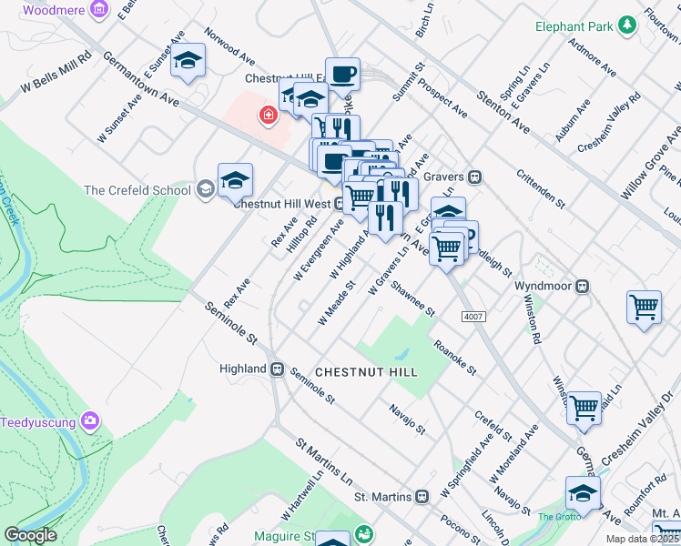 map of restaurants, bars, coffee shops, grocery stores, and more near 126 West Highland Avenue in Philadelphia