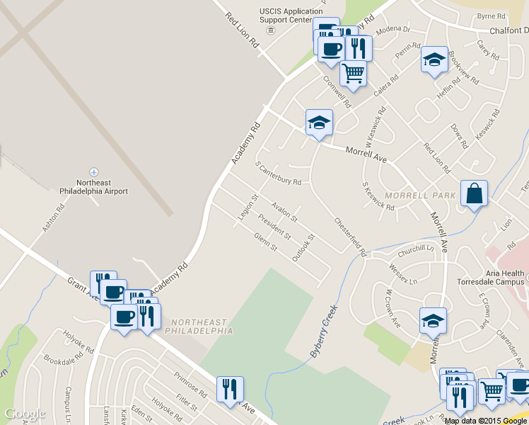 map of restaurants, bars, coffee shops, grocery stores, and more near 3615 President Street in Philadelphia