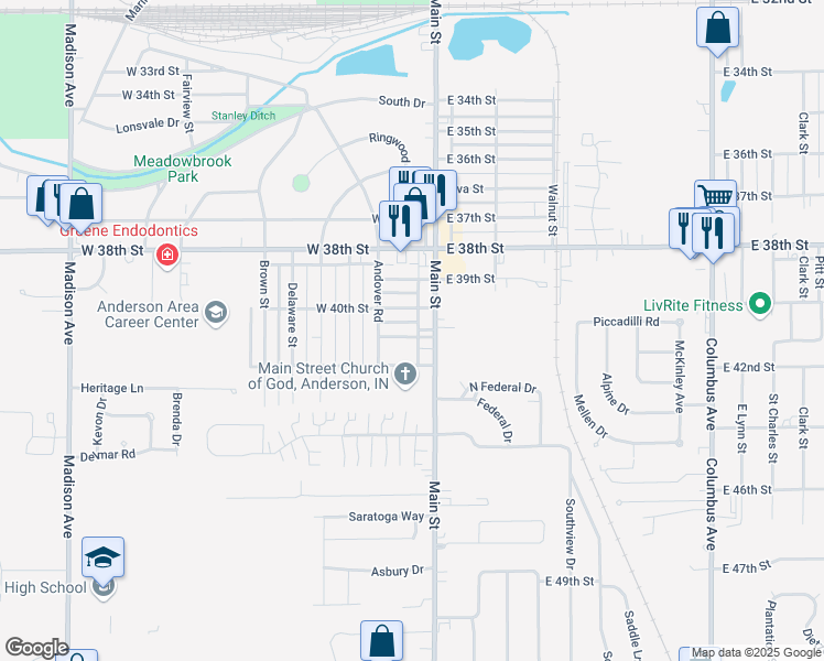 map of restaurants, bars, coffee shops, grocery stores, and more near 12 West 41st Street in Anderson