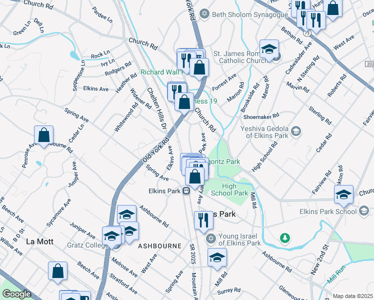 map of restaurants, bars, coffee shops, grocery stores, and more near 7934 Montgomery Avenue in Elkins Park