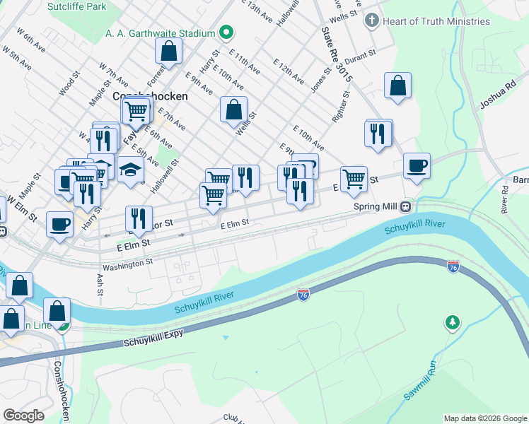 map of restaurants, bars, coffee shops, grocery stores, and more near 630 East Elm Street in Conshohocken