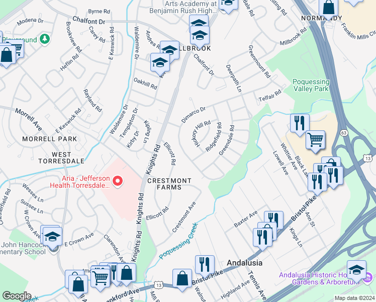 map of restaurants, bars, coffee shops, grocery stores, and more near 173 Dimarco Drive in Philadelphia
