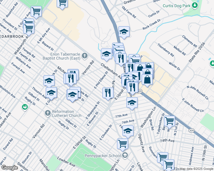 map of restaurants, bars, coffee shops, grocery stores, and more near 7819 Bayard Street in Philadelphia