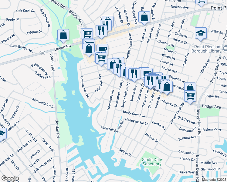 map of restaurants, bars, coffee shops, grocery stores, and more near 1404 Mossbank Road in Point Pleasant