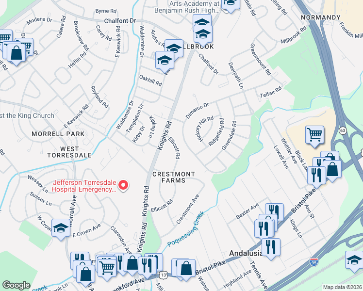 map of restaurants, bars, coffee shops, grocery stores, and more near 10960 Ellicott Road in Philadelphia