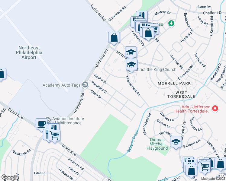 map of restaurants, bars, coffee shops, grocery stores, and more near 3615 President Street in Philadelphia
