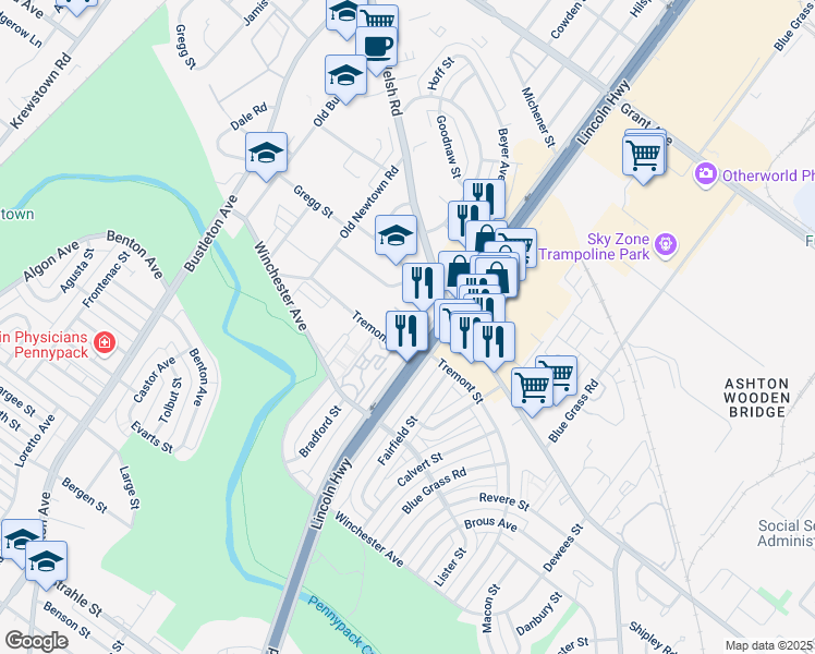 map of restaurants, bars, coffee shops, grocery stores, and more near 9010 Roosevelt Boulevard in Philadelphia