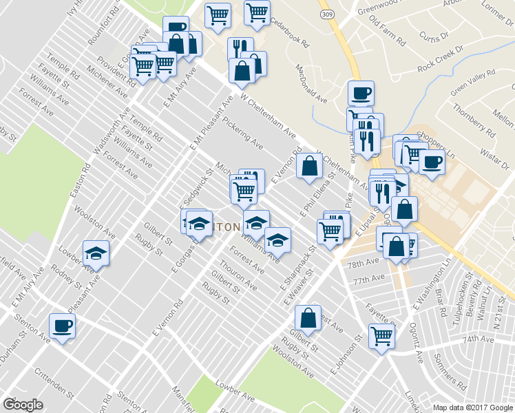 map of restaurants, bars, coffee shops, grocery stores, and more near 1457 East Vernon Road in Philadelphia