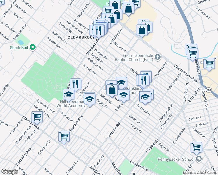 map of restaurants, bars, coffee shops, grocery stores, and more near 8121 Thouron Avenue in Philadelphia