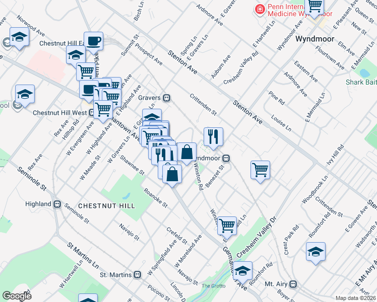 map of restaurants, bars, coffee shops, grocery stores, and more near 8031 Winston Road in Philadelphia