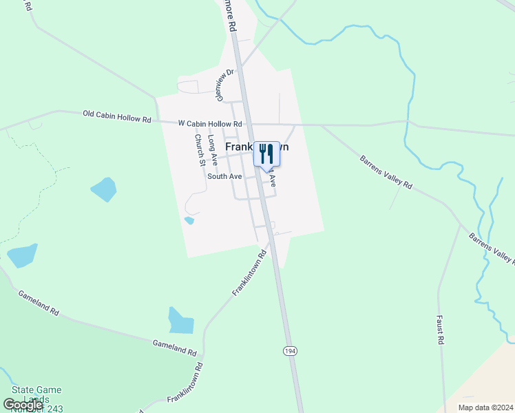 map of restaurants, bars, coffee shops, grocery stores, and more near 103 South Baltimore Street in Franklintown