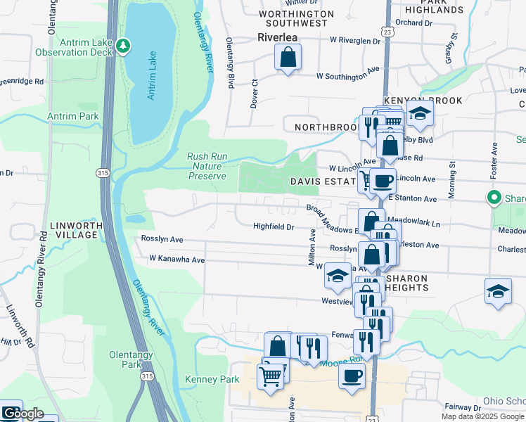map of restaurants, bars, coffee shops, grocery stores, and more near 271 Broad Meadows Boulevard in Columbus