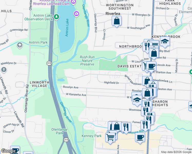 map of restaurants, bars, coffee shops, grocery stores, and more near 331 Broad Meadows Boulevard in Columbus