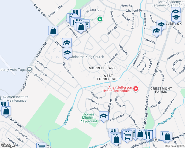 map of restaurants, bars, coffee shops, grocery stores, and more near 3316 South Keswick Circle in Philadelphia