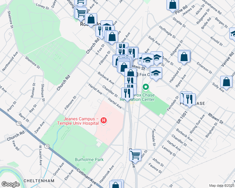 map of restaurants, bars, coffee shops, grocery stores, and more near 415 Chandler Street in Philadelphia