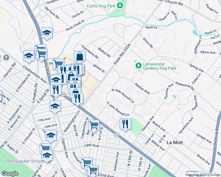 map of restaurants, bars, coffee shops, grocery stores, and more near 2131 North John Russell Circle in Elkins Park