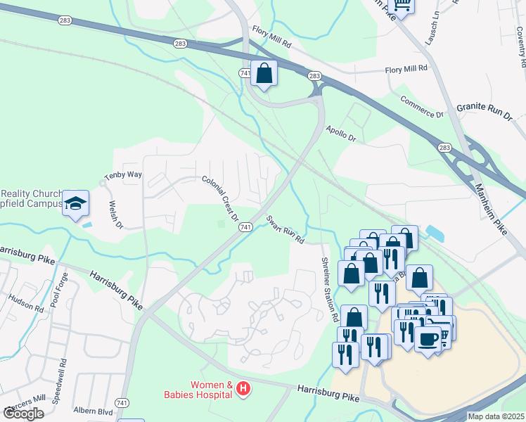 map of restaurants, bars, coffee shops, grocery stores, and more near 1710 Swarr Run Road in Lancaster