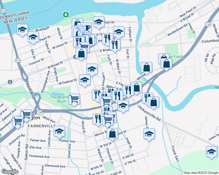 map of restaurants, bars, coffee shops, grocery stores, and more near 5 Belmont Street in Burlington