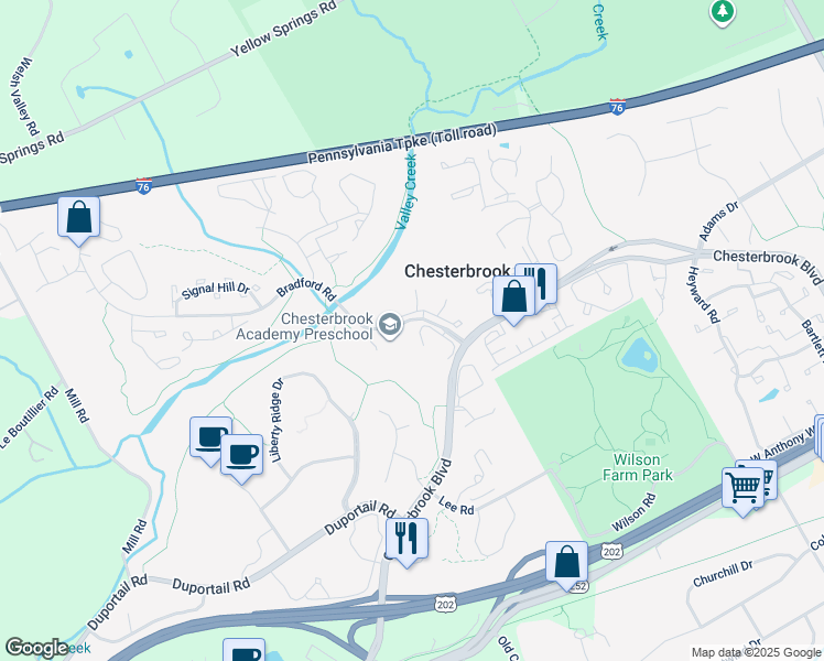 map of restaurants, bars, coffee shops, grocery stores, and more near 22 Painters Lane in Chesterbrook