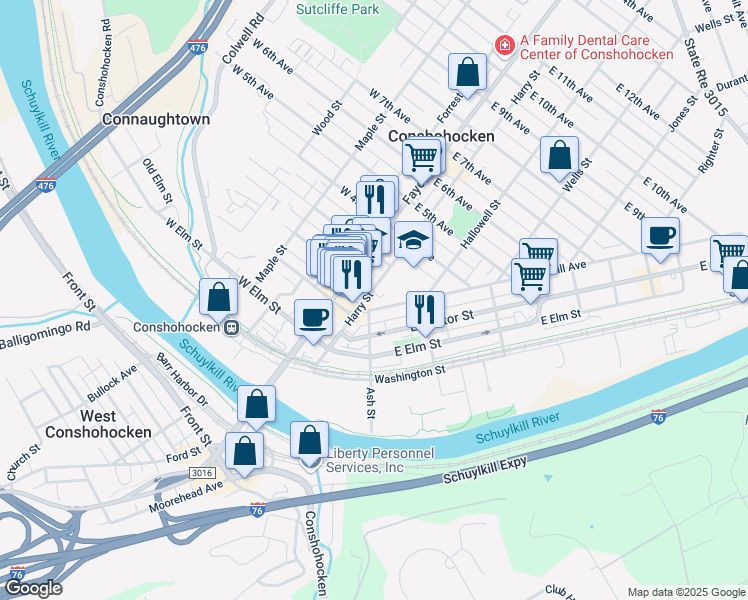 map of restaurants, bars, coffee shops, grocery stores, and more near 119 Harry St in Conshohocken