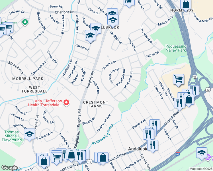 map of restaurants, bars, coffee shops, grocery stores, and more near 173 Dimarco Drive in Philadelphia