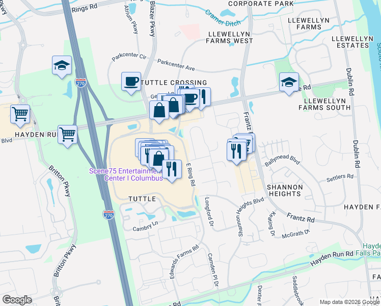 map of restaurants, bars, coffee shops, grocery stores, and more near 5911 McIntyre Dr in Dublin