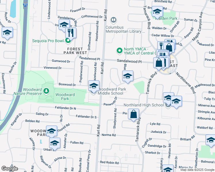 map of restaurants, bars, coffee shops, grocery stores, and more near 5223 Arrowood Court in Columbus