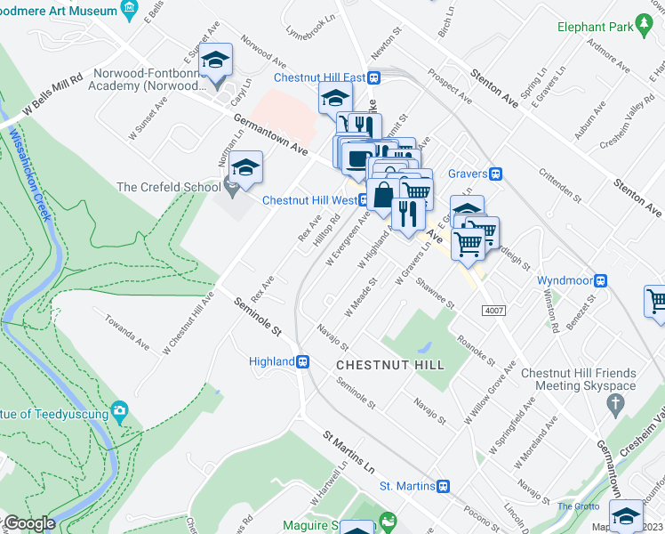map of restaurants, bars, coffee shops, grocery stores, and more near 124 West Evergreen Avenue in Philadelphia