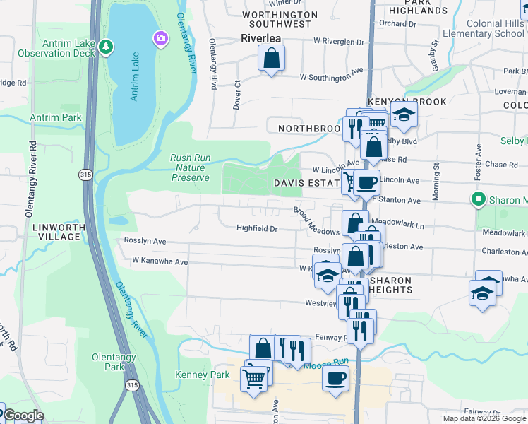 map of restaurants, bars, coffee shops, grocery stores, and more near 215-221 Broad Meadows Boulevard in Columbus