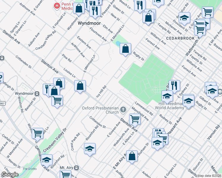 map of restaurants, bars, coffee shops, grocery stores, and more near 8625 Mansfield Avenue in Philadelphia